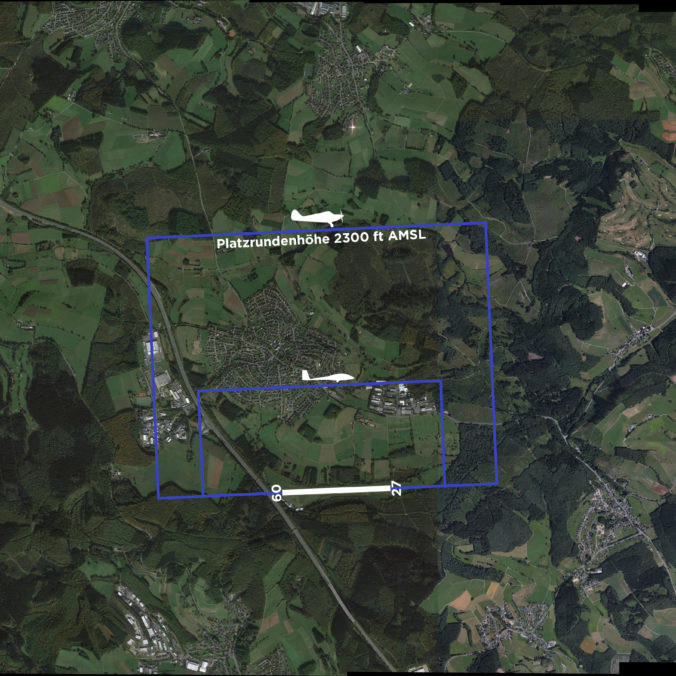Hier siehst du die Platzrunden des Flugplatzes Hünsborn über eine Satellitenaufnahme gelegt.